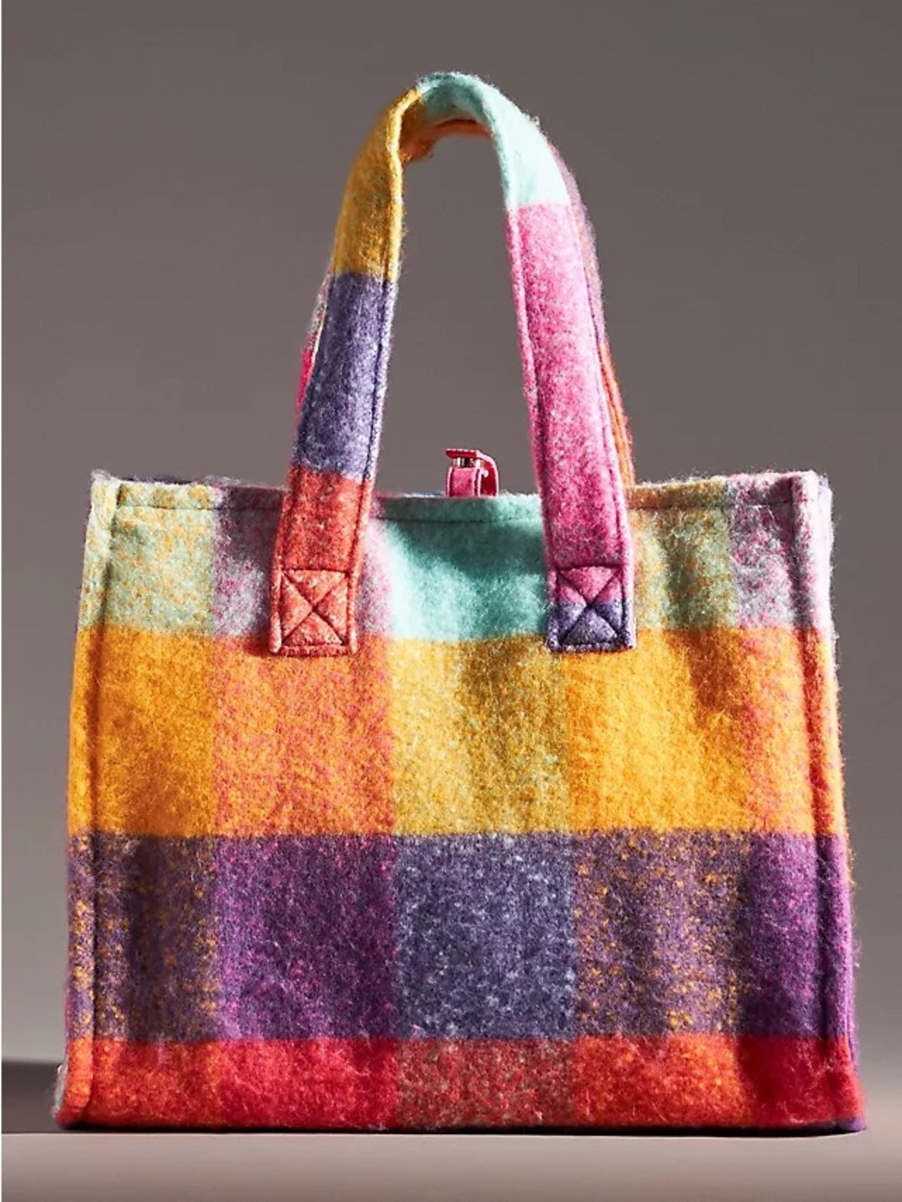 Anthropologie Vibrant Multi-Color Plaid Felt Tote Bag - Pink & Blue
